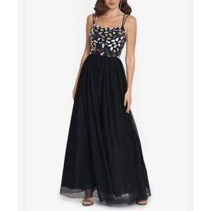 Blondie Nites Mirrored Jewel Beaded Tulle A-Line Evening Gown Black Size 7 Dress